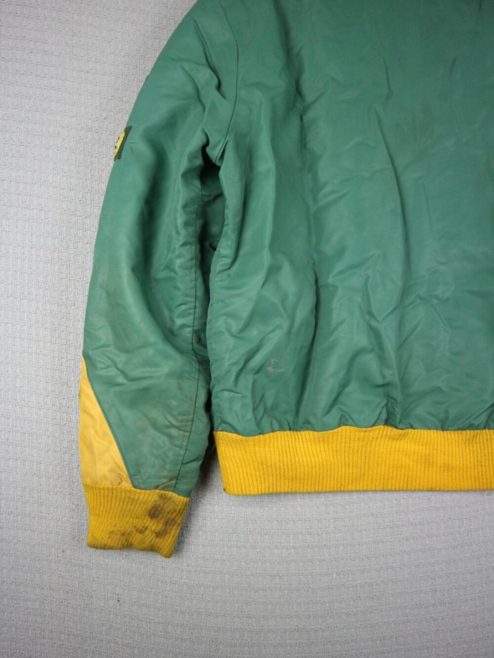 1970's Football Varsity Bomber Jacket Lightning Zipper Rams Patchwork L as-is - Picture 8 of 12